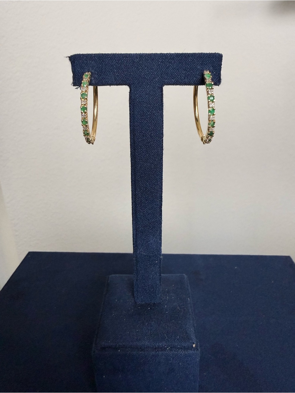 14k Gold Hoop Earrings with Natural Diamond and Emeralds .50 ctw
